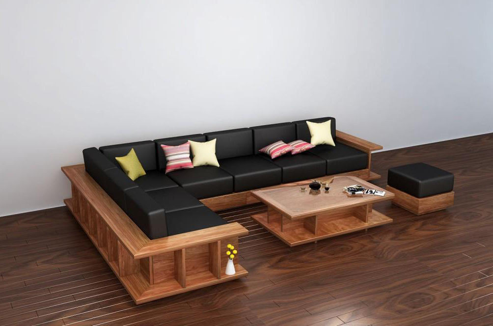 Sofa gỗ dạng góc nệm da sang trọng