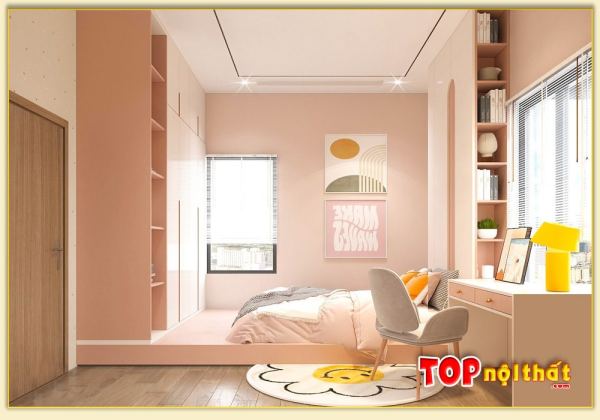 Hình ảnh Giường ngủ gỗ liền tủ quần áo màu hồng GNTop-0224