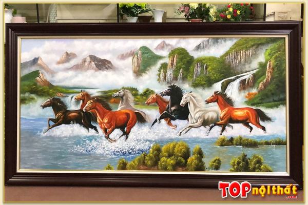 Tranh sơn dầu ngựa phi nước đại qua suối và núi rừng TraSdTop-0475