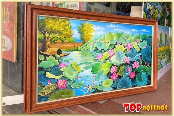 Tranh vẽ hồ Hoa Sen khổ lớn bằng sơn dầu TraSdTop-0655