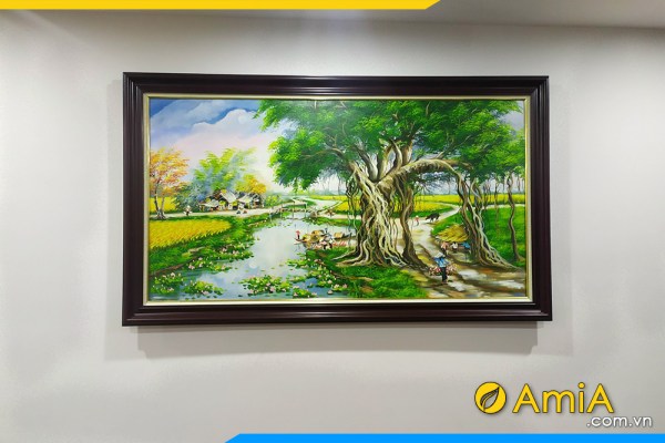 Mẫu tranh sơn dầu phong cảnh làng quê cây đa cánh đồng