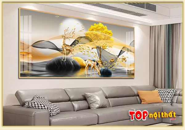Bức tranh tráng gương 3D phòng khách hươu vàng sang trọng TraTop-3173
