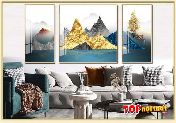 Tranh tráng gương 3D núi vàng 3 tấm treo tường phòng khách TraTop-3322