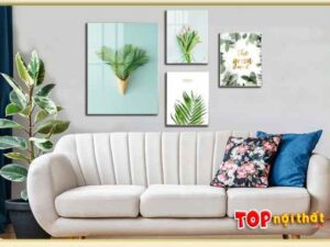 Bộ 4 khung tranh Canvas lá nhiệt đới treo trên sofa văng TraTop-3562