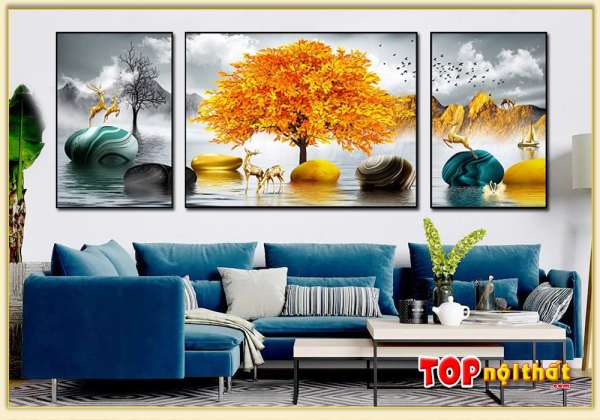 Bộ tranh tráng gương cây tài lộc và sofa góc L TraTop-4001